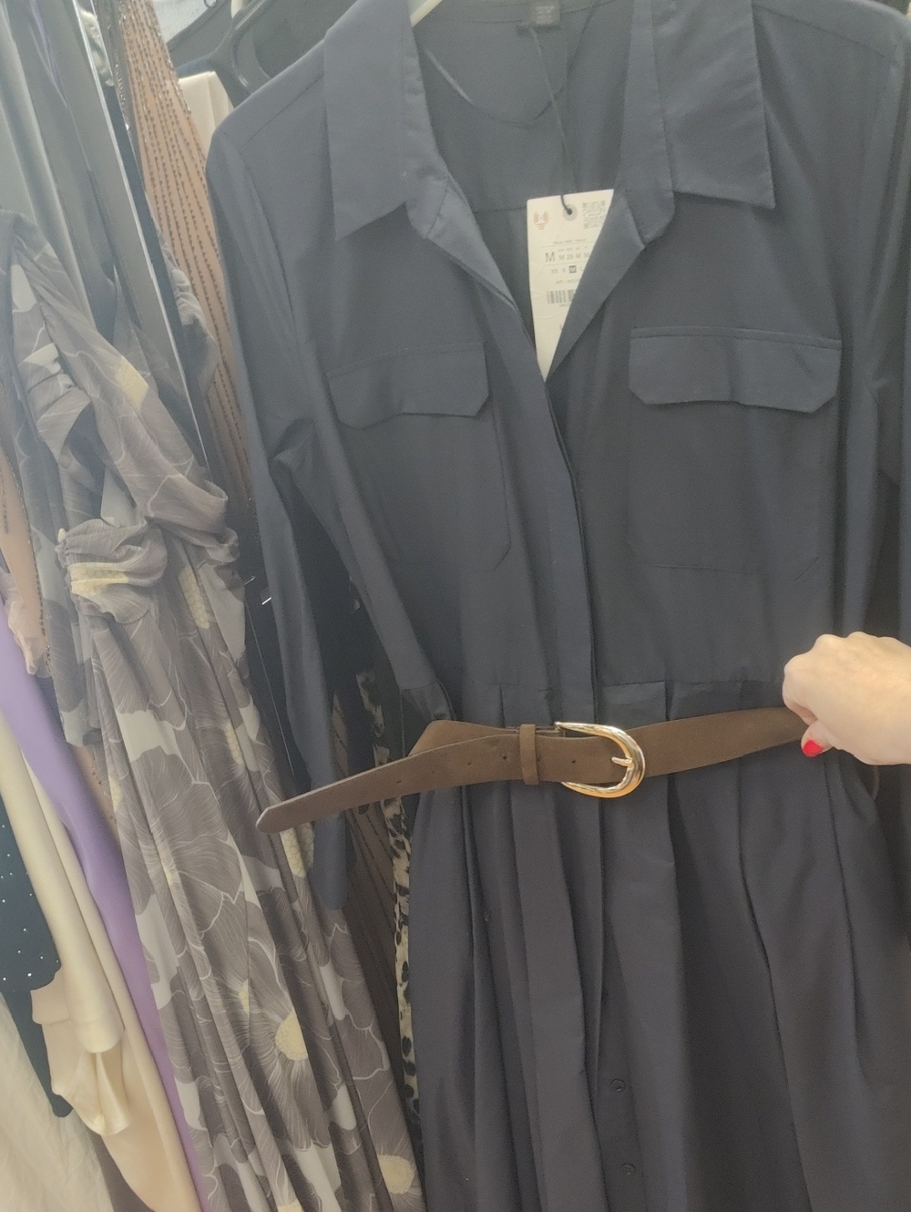 Zara Navy Blue Shirt Dress with Brown Belt